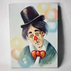 12 x 16 Vintage Oil Painting on Canvas Sad Clown Signed Artist Stephan